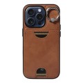 For iPhone 15 Pro Calf Texture Card Slot Ring Holder Phone Case(Brown)