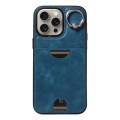 For iPhone 15 Pro Max Calf Texture Card Slot Ring Holder Phone Case(Blue)