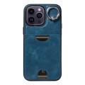 For iPhone 14 Pro Max Calf Texture Card Slot Ring Holder Phone Case(Blue)