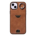 For iPhone 14 Plus Calf Texture Card Slot Ring Holder Phone Case(Brown)