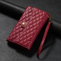 For iPhone 15 Pro Max Zipper Multi-Card Wallet Rhombic Leather Phone Case(Red)