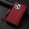 For iPhone 15 Pro Max Zipper Multi-Card Wallet Rhombic Leather Phone Case(Red)