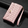 For iPhone 15 Pro Max Zipper Multi-Card Wallet Rhombic Leather Phone Case(Rose Gold)