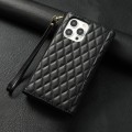 For iPhone 15 Pro Zipper Multi-Card Wallet Rhombic Leather Phone Case(Black)