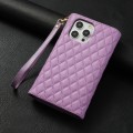 For iPhone 15 Pro Zipper Multi-Card Wallet Rhombic Leather Phone Case(Purple)