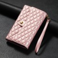 For iPhone 15 Pro Zipper Multi-Card Wallet Rhombic Leather Phone Case(Rose Gold)