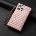 For iPhone 15 Pro Zipper Multi-Card Wallet Rhombic Leather Phone Case(Rose Gold)