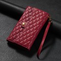 For iPhone 15 Zipper Multi-Card Wallet Rhombic Leather Phone Case(Red)