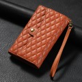 For iPhone 14 Plus Zipper Multi-Card Wallet Rhombic Leather Phone Case(Brown)