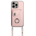 For iPhone 15 Pro Organ Card Bag Ring Holder Phone Case with Long Lanyard(Pink)
