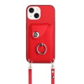 For iPhone 15 Plus Organ Card Bag Ring Holder Phone Case with Long Lanyard(Red)