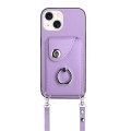 For iPhone 14 Plus Organ Card Bag Ring Holder Phone Case with Long Lanyard(Purple)