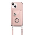 For iPhone 14 Plus Organ Card Bag Ring Holder Phone Case with Long Lanyard(Pink)