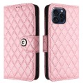 For iPhone 15 Pro Max Rhombic Texture Flip Leather Phone Case with Lanyard(Pink)