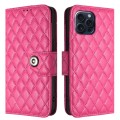 For iPhone 15 Pro Rhombic Texture Flip Leather Phone Case with Lanyard(Rose Red)