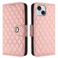 For iPhone 15 Plus Rhombic Texture Flip Leather Phone Case with Lanyard(Coral Pink)
