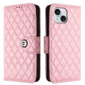 For iPhone 15 Rhombic Texture Flip Leather Phone Case with Lanyard(Pink)