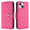 For iPhone 14 Plus Rhombic Texture Flip Leather Phone Case with Lanyard(Rose Red)