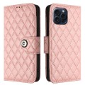 For iPhone 13 Pro Rhombic Texture Flip Leather Phone Case with Lanyard(Coral Pink)