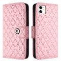 For iPhone 12 / 12 Pro Rhombic Texture Flip Leather Phone Case with Lanyard(Pink)