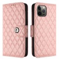For iPhone 12 Pro Max Rhombic Texture Flip Leather Phone Case with Lanyard(Coral Pink)