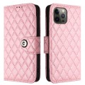 For iPhone 12 Pro Max Rhombic Texture Flip Leather Phone Case with Lanyard(Pink)