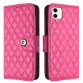 For iPhone 11 Rhombic Texture Flip Leather Phone Case with Lanyard(Rose Red)