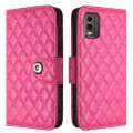 For Nokia C32 Rhombic Texture Flip Leather Phone Case with Lanyard(Rose Red)