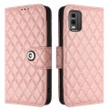 For Nokia C32 Rhombic Texture Flip Leather Phone Case with Lanyard(Coral Pink)