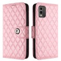 For Nokia C32 Rhombic Texture Flip Leather Phone Case with Lanyard(Pink)
