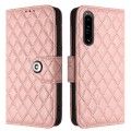 For Sony Xperia 1 IV Rhombic Texture Flip Leather Phone Case with Lanyard(Coral Pink)
