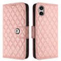 For Sony Xperia 5 V Rhombic Texture Flip Leather Phone Case with Lanyard(Coral Pink)