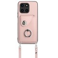 For Honor X6a Organ Card Bag Ring Holder Phone Case with Long Lanyard(Pink)