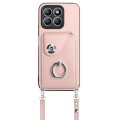 For Honor X8b 4G Organ Card Bag Ring Holder Phone Case with Long Lanyard(Pink)