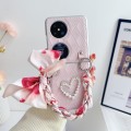 For Huawei P50 Pocket Rhombus Leather Texture Heart-shaped Scarf Bracelet Shockproof Phone Case(Pink
