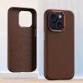 For iPhone 15 Plus Metal Lens Frame Leather Full Coverage Shockproof Phone Case(Brown)