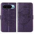 For Google Pixel 9 Embossed Butterfly Leather Phone Case(Dark Purple)