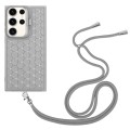For Samsung Galaxy S24 Ultra 5G Honeycomb Radiating Lens Holder Magsafe Phone Case with Lanyard(Grey