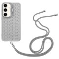 For Samsung Galaxy S23 FE 5G Honeycomb Radiating Lens Holder Magsafe Phone Case with Lanyard(Grey)