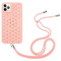 For iPhone 15 Pro Max Honeycomb Radiating Lens Holder Magsafe Phone Case with Lanyard(Pink)
