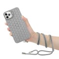 For iPhone 15 Pro Max Honeycomb Radiating Lens Holder Magsafe Phone Case with Lanyard(Grey)