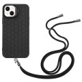 For iPhone 15 Plus Honeycomb Radiating Lens Holder Magsafe Phone Case with Lanyard(Black)