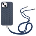 For iPhone 15 Plus Honeycomb Radiating Lens Holder Magsafe Phone Case with Lanyard(Blue)