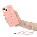 For iPhone 15 Plus Honeycomb Radiating Lens Holder Magsafe Phone Case with Lanyard(Pink)