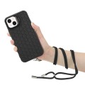 For iPhone 15 Honeycomb Radiating Lens Holder Magsafe Phone Case with Lanyard(Black)