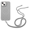 For iPhone 15 Honeycomb Radiating Lens Holder Magsafe Phone Case with Lanyard(Grey)