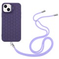 For iPhone 14 Plus Honeycomb Radiating Lens Holder Magsafe Phone Case with Lanyard(Purple)