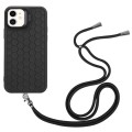 For iPhone 12 Honeycomb Radiating Lens Holder Magsafe Phone Case with Lanyard(Black)