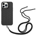 For iPhone 12 Pro Max Honeycomb Radiating Lens Holder Magsafe Phone Case with Lanyard(Black)