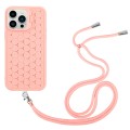 For iPhone 12 Pro Max Honeycomb Radiating Lens Holder Magsafe Phone Case with Lanyard(Pink)